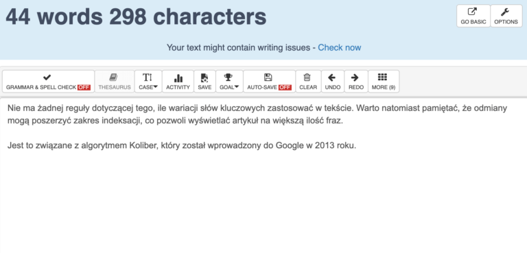 Widok z narzędzia word counter