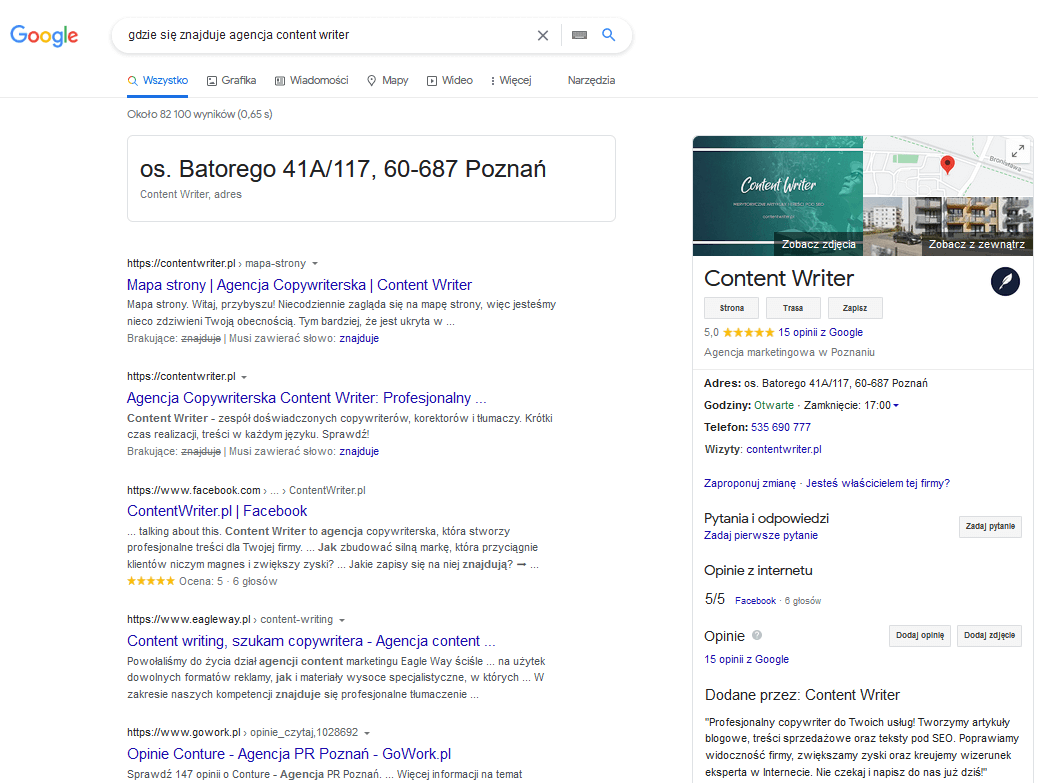 Google Knowledge Graph (agencja Content Writer)- screen