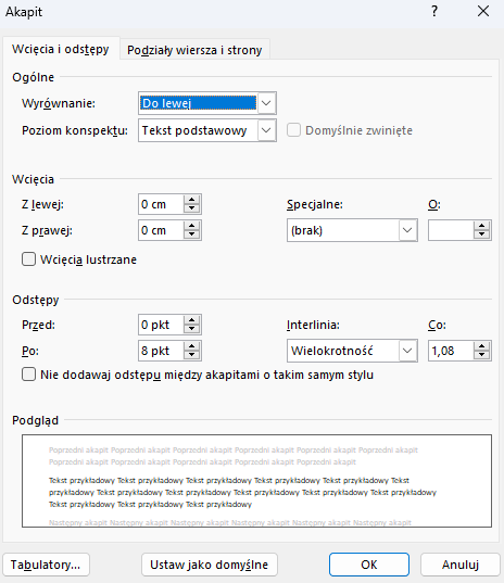 Ustawieni akapitu w Wordzie - screen