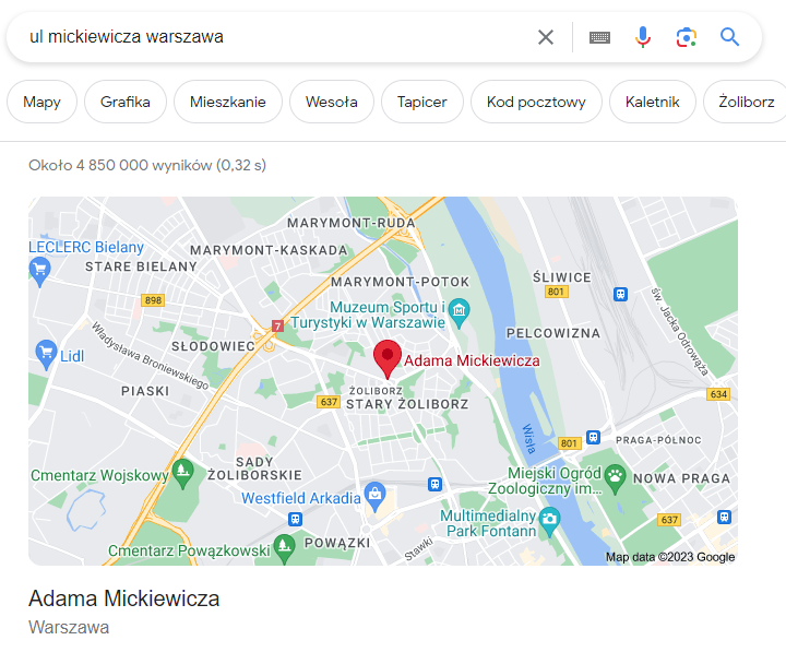 Google Maps w wyszukiwarce