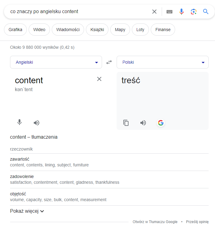 Tłumacz Google w wyszukiwarce