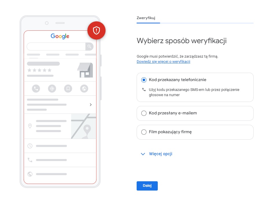 Weryfikacja wizytówki Google 2