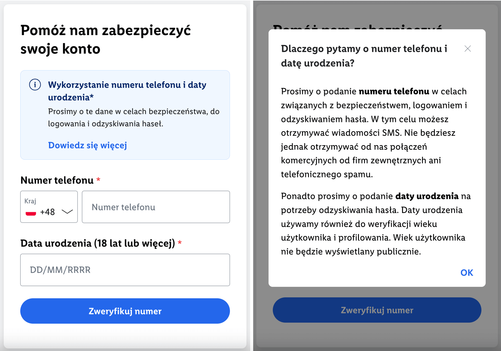 Przykład informacji o celu przekazania danych – Lidl (screen)