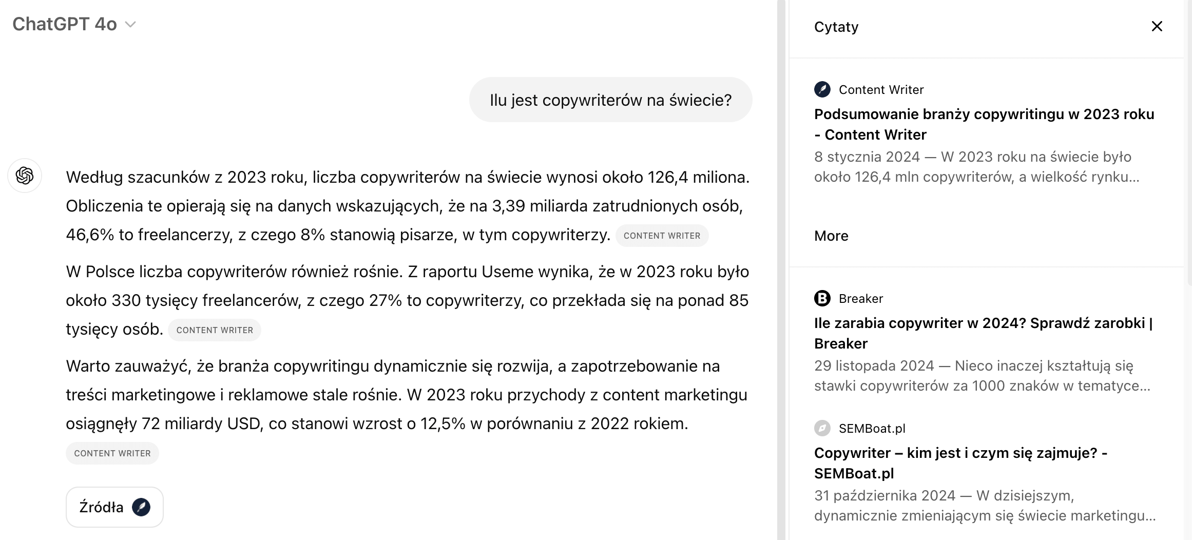 Pozycjonowanie pod LLM, czyli SEO pod AI – źródła danych w ChatGPT (screen)