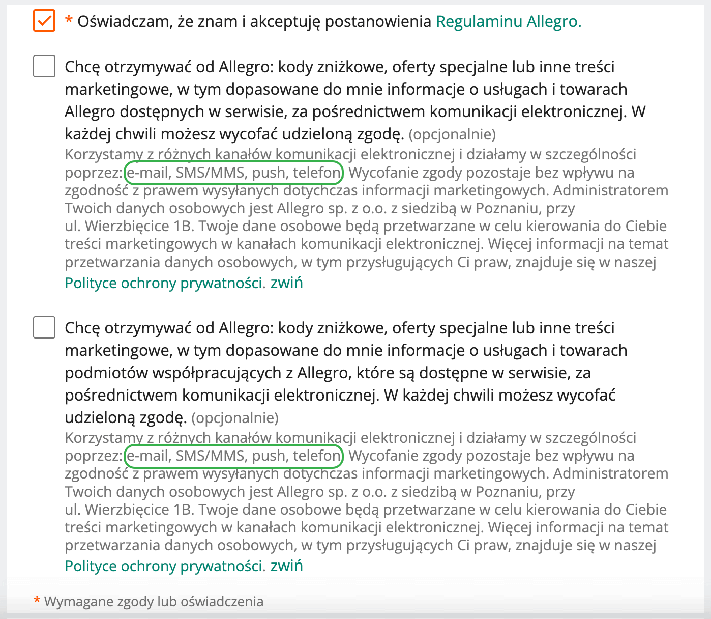 Jedno okienko akceptacji dla różnych kanałów komunikacji a RODO w marketingu – Allegro (screen)