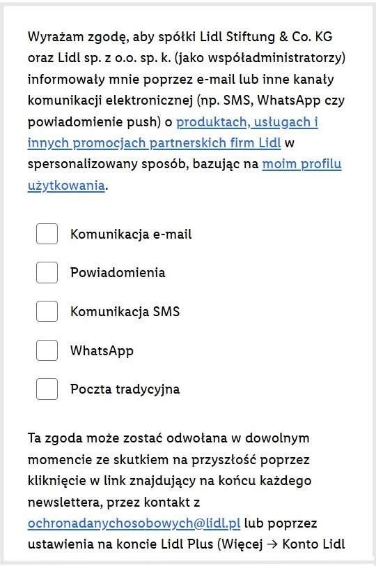 Okienka akceptacji dla różnych kanałów komunikacji – Lidl Plus (screen)