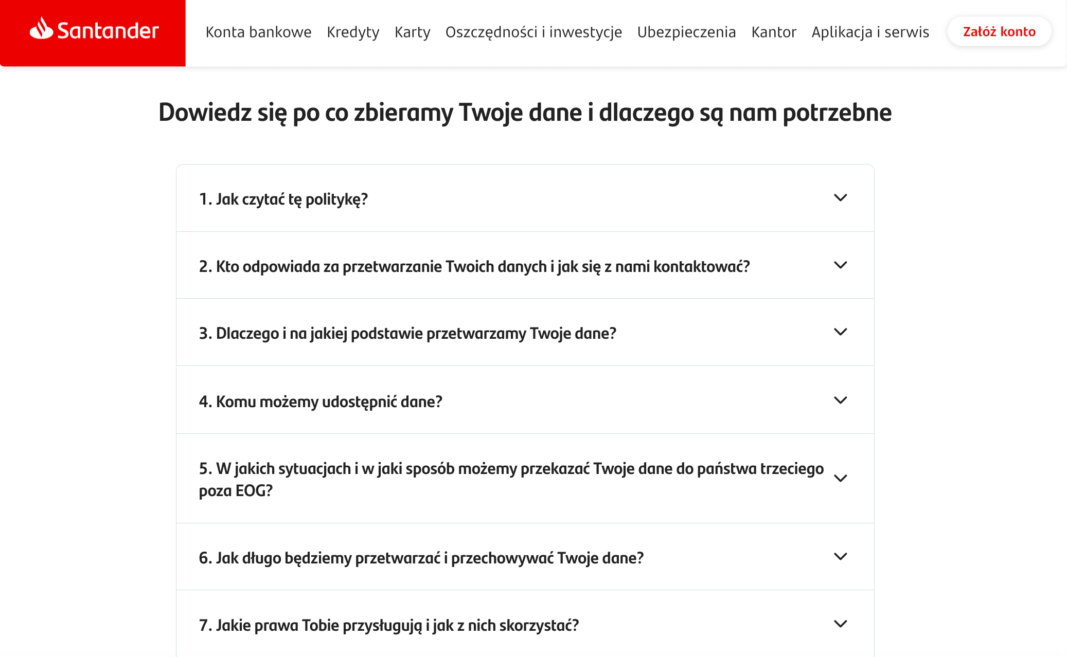 Tematy w zakresie polityki prywatności – Santander (screen)