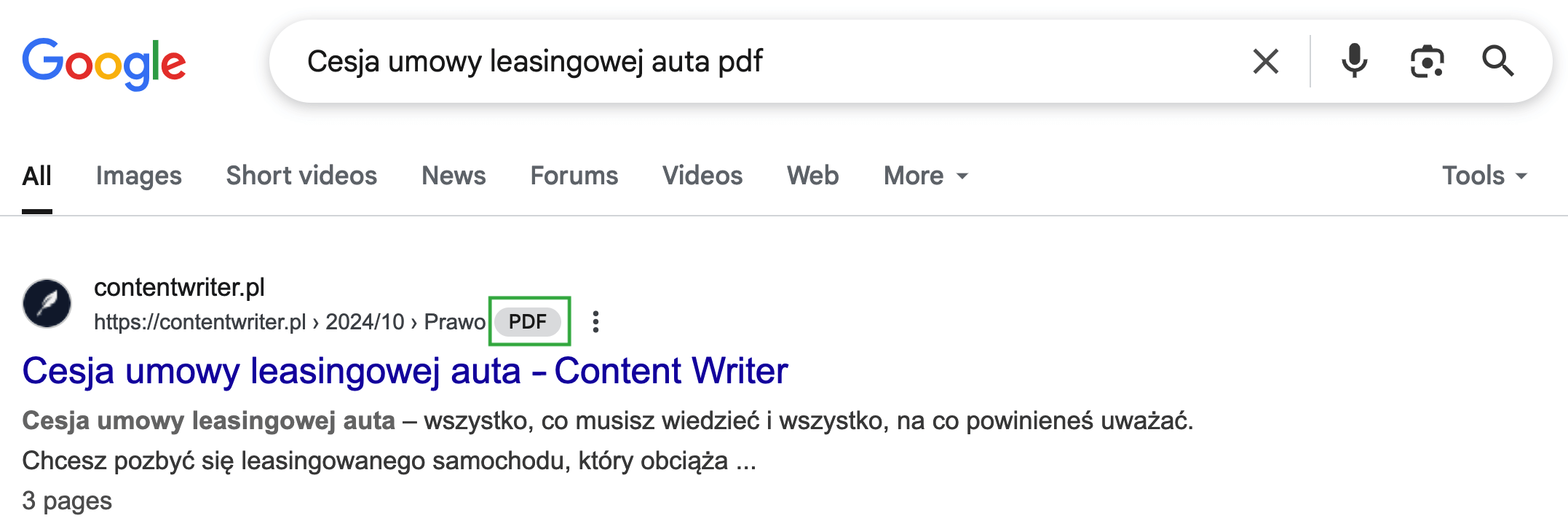 Plik PDF widoczny w wynikach wyszukiwania dzięki odpowiedniej optymalizacji PDF (screen)